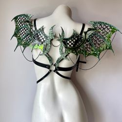 harness with dragon wings, women's genuine leather harness, angel wings harness, white wings, black wings, whip and cake