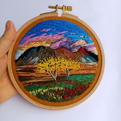 Landscape Hoop Art Embroidery Scenery Wall Hanging Thread Painting Circle Decor Gift For Her/Him
