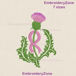 pink ribbon and thistle embroidery design, thistle and pink ribbon embroidery pattern, 7 sizes