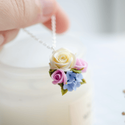 Rose necklace in light yellow and purple colors, Handcrafted women jewelry, Flowers for gift, Unique necklace jewelry