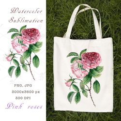 Watercolor sublimation Pink roses PNG, JPEG