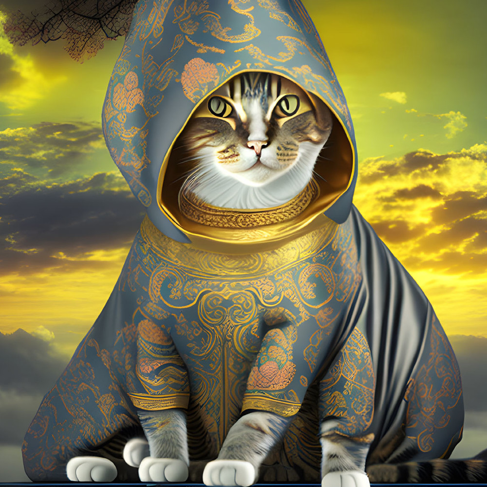 Buddhist cat in a hood in front of clouded horizon.jpg