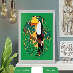 tropical toucan 3d shadow box paper cut, shadow box template, paper cutting template, light box svg files, 3d papercut l