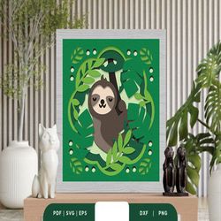 sloth sleep in tropical forest 3d svg, shadow box template, paper cutting template, light box svg files, 3d papercut lig