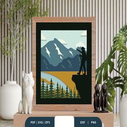 Girl Hiking in the Forest 3D Shadow Box, Shadow Box Template, Paper Cutting Template, Light Box SVG Files, 3D Papercut L