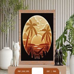tropical seaside 3d shadow box paper cut, shadow box template, paper cutting template, light box svg files, 3d papercut