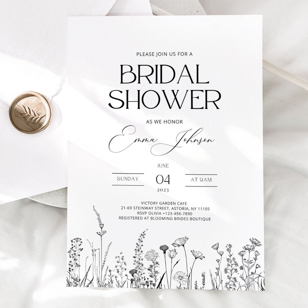 Elegant Bridal Shower Invitation Template, Wildflower black white Bridal Shower Invite, Florals Bridal Shower Download, (1).jpg