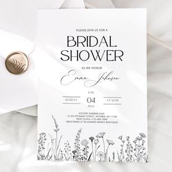 elegant bridal shower invitation template, wildflower black white bridal shower invite, florals bridal shower download,