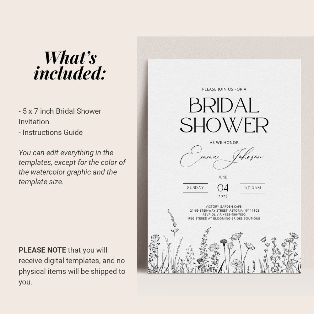 Elegant Bridal Shower Invitation Template, Wildflower black white Bridal Shower Invite, Florals Bridal Shower Download, (2).jpg