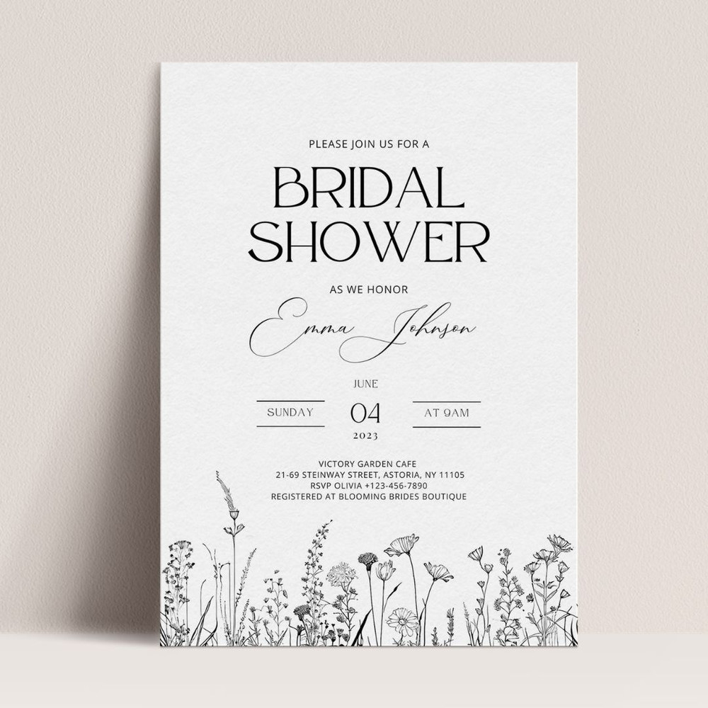 Elegant Bridal Shower Invitation Template, Wildflower black white Bridal Shower Invite, Florals Bridal Shower Download, (4).jpg