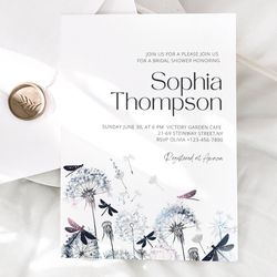 summer bridal shower invitation template, editable dandelions bridal shower invite, bridal brunch template, canva