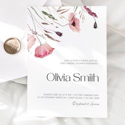 bridal shower invitation template, editable floral bridal brunch invite, colorful boho, poppy bridal shower download