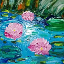 Pond with lotuses poster oil painting impasto