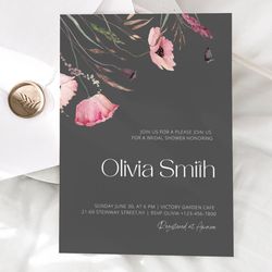 bridal shower invitation template, poppy bridal brunch invite, black boho, wildflower bridal shower download, editable