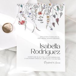 wildflower bridal shower invitation template, editable bridal shower invite, florals bridal shower download, spring