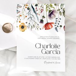 editable bridal shower invitation template, watercolor wildflower bridal shower invite, florals bridal shower download,