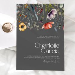 wildflower bridal shower invitation template, editable bridal shower invite, watercolor black bridal shower, florals
