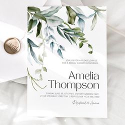 floral watercolor bridal shower invitation, elegant botanical wedding invite, greenery wedding invitation, romantic