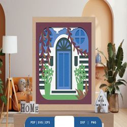 spring home porch 3d layered paper cut, shadow box template, paper cutting template, light box svg files, 3d papercut li