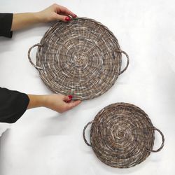 Wicker wall baskets. Boho wall decor. Woven wall hanging. Set of 2 wall baskets. Above bed decor. Round placemats.