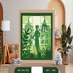 house full of plant shadow box papercut, shadow box template, paper cutting template, light box svg files, 3d papercut l