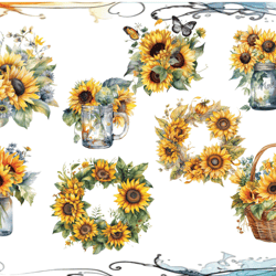 Watercolor Sunflowers Clipart - fall sunflower floral bouquets in PNG format instant download for commercial use