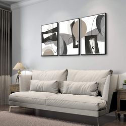 black gray prints, abstract painting set of 3, digital print art, abstract poster, wall decor diy, monochrome artwork