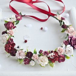 Flower crown, Burgundy flower crown wedding, Wedding crown blush and burgundy, Bridal flower hair piece, Bridal flower c