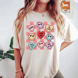 smiley candy hearts valentine comfort colors shirt, conversation hearts valentine shirt, retro groovy valentine shirt,fu