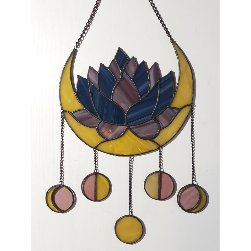 Moon Phases Dreamcatcher Stained Glass Suncatcher Succulent Lotus Elegant Crescent Moon Panel Celestial Decor 7