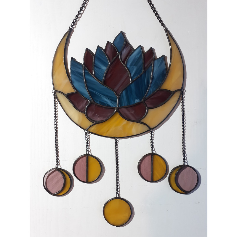 Moon Phases Dreamcatcher Stained Glass Suncatcher Succulent Lotus Elegant Crescent Moon Panel Celestial Decor 9