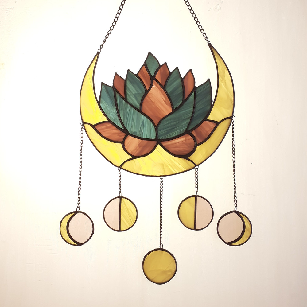 Moon Phases Dreamcatcher Stained Glass Suncatcher Succulent Lotus Elegant Crescent Moon Panel Celestial Decor 1