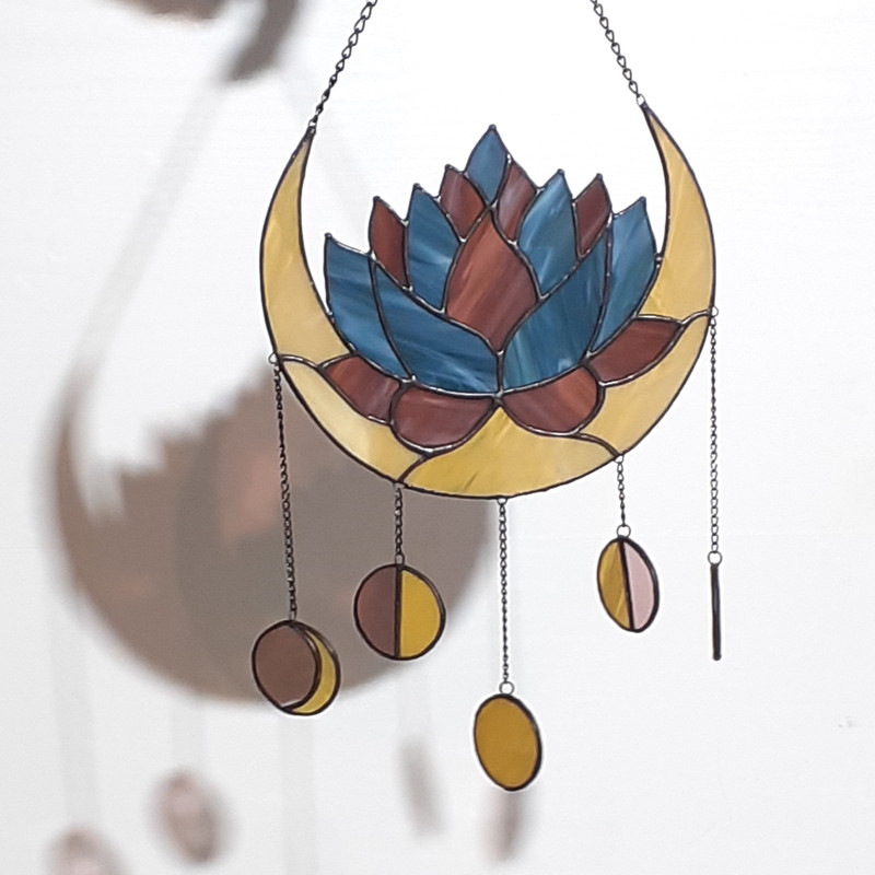 Moon Phases Dreamcatcher Stained Glass Suncatcher Succulent Lotus Elegant Crescent Moon Panel Celestial Decor 2