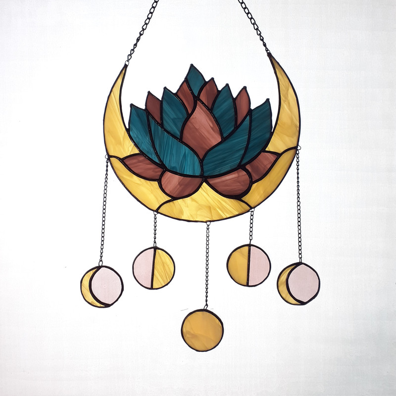 Moon Phases Dreamcatcher Stained Glass Suncatcher Succulent Lotus Elegant Crescent Moon Panel Celestial Decor 3