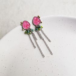 Long pink earrings with chains and glass beads, metal and enamel jewelry