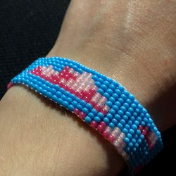 Beaded loom handmade bracelet blue sky summer vibes Seed Bead pink clouds boho bracelet cloud woven Weaving native
