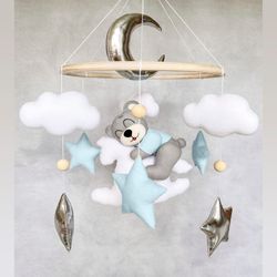 Bear baby mobile, baby crib mobile with bear, nursery mobile for baby boy, blue baby mobile
