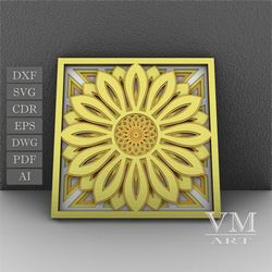 f20 - layered sunflower svg, 3d sunflower mandala, laser cut file mandala dxf file, layered mandala svg for cricut