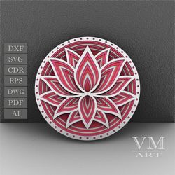 f24 - layered lotus svg, 3d lotus mandala, laser cut file mandala dxf file, layered mandala svg for cricut, 3d lotus