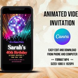 disco birthday video invitation, animated invitation, disco night party animated video invitation canva editable