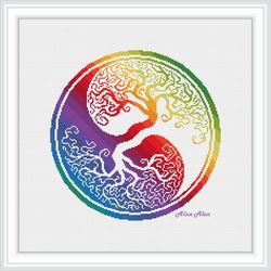 Cross stitch pattern Yin Yang Tree Oak rainbow ornament east mandala abstract trees counted crossstitch patterns PDF