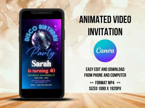 Disco Birthday Video Invitation, Animated Invitation, Disco Night Party Animated Video Invitation Canva Editable