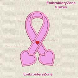 pink ribbon and hearts applique machine embroidery design to ends for monograms, 5 sizes