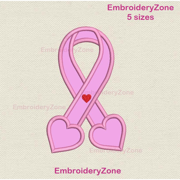 Pink ribbon and hearts applique machine embroidery design by Embroideryzone.jpg