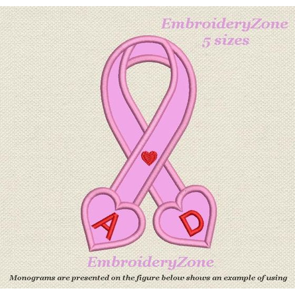 Pink ribbon and hearts applique machine embroidery design by Embroideryzone 3.jpg