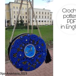 Evening bag round with Irish crochet lace crochet pattern , crochet motif , crochet flower pattern , bag crochet .