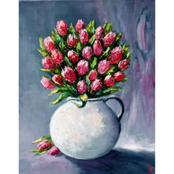 Red Tulips Painting Floral Original Art Impressionist Art Impasto Painting Flowers Painting 16"x12" by Ksenia De