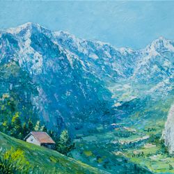 Switzerland Painting Mountains Original Art Impressionist Art Impasto Painting Blue Painting 20"x20" by Ksenia De