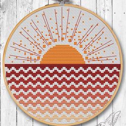 boho sun cross stitch, modern cross stitch pattern pdf, sunrise abstract cross stitch, boho waves cross stitch chart