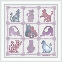 Blackwork Sampler Cats Silhouette Geometric ornament monochrome panel patchwork cat counted cross stitch patterns PDF